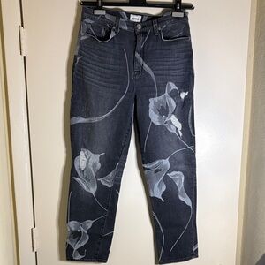 Hudson High Rise Ankle Straight-Leg Jeans with Gray Floral Print, size 29